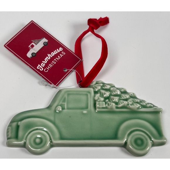 Other - Farmhouse Christmas Green Porcelain Ornament Truck Christmas Trees Delivery NEW